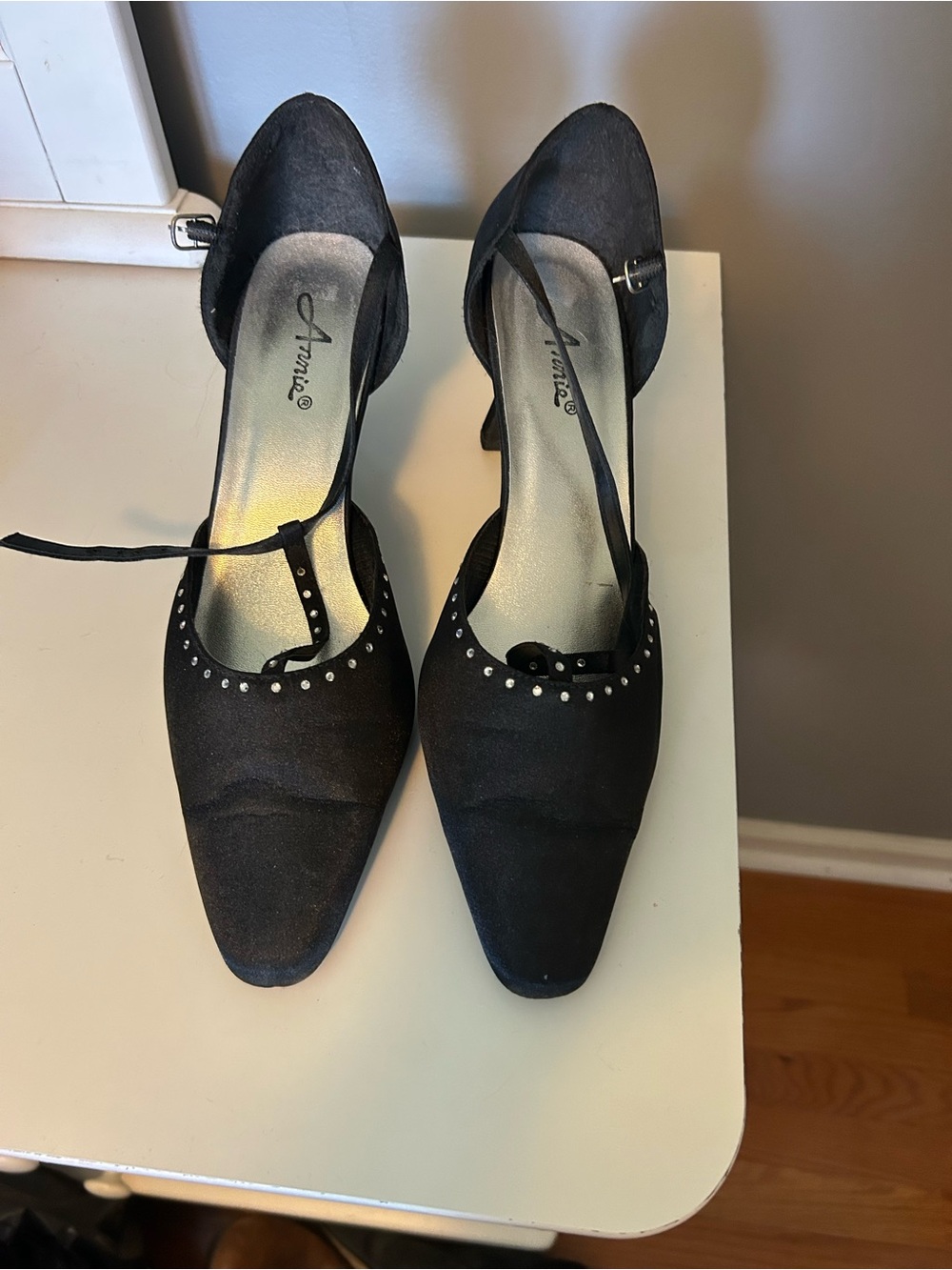 Annie Black Pointed T-Strap Heels with Silver Studs